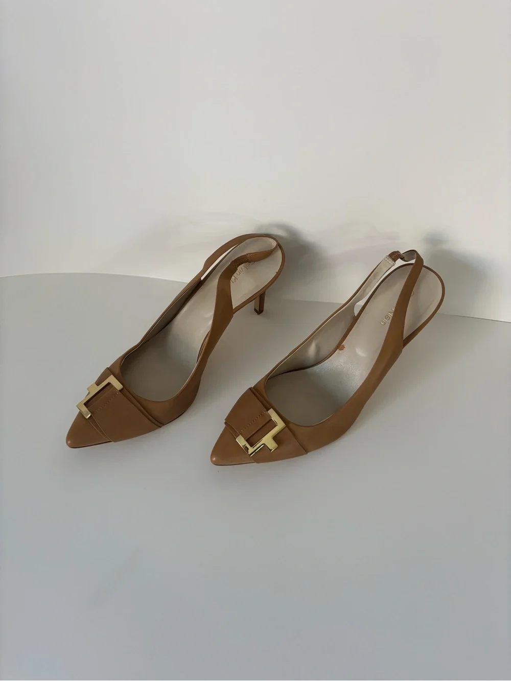 Calvin Klein Women's Tan Pointed-Toe Slingback Pumps with Gold Accent